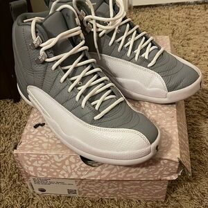 Air Jordan 12 Retro ‘Stealth’ Gray and White High-Top Sneakers